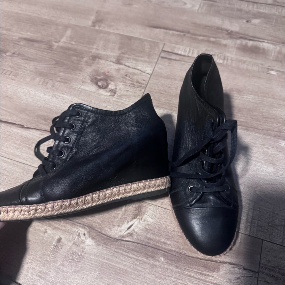 Theory Black Leather Lace-Up Wedge Sneakers with Espadrille Trim